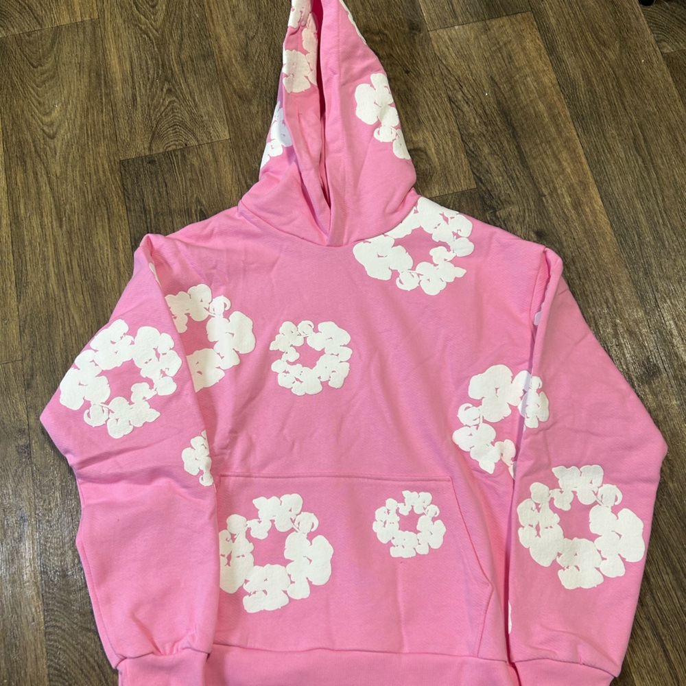 Pink Hoodie with White Floral Design